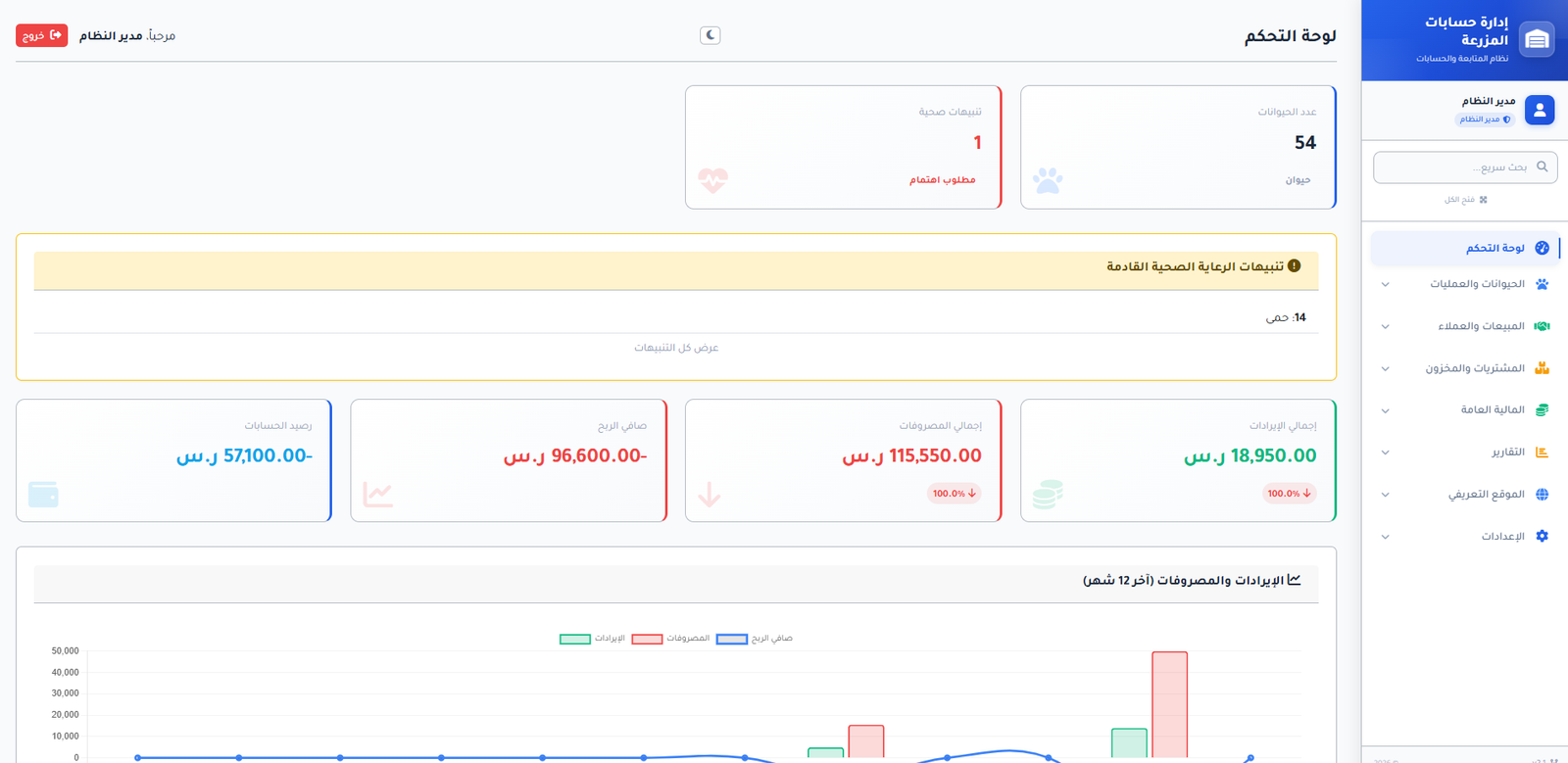 تطبيق ويب حسابات وشئون مزارع الحيوانات